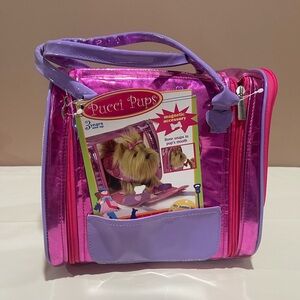 Puck Pups Pink and Purple Pet Carrier with Yorkie